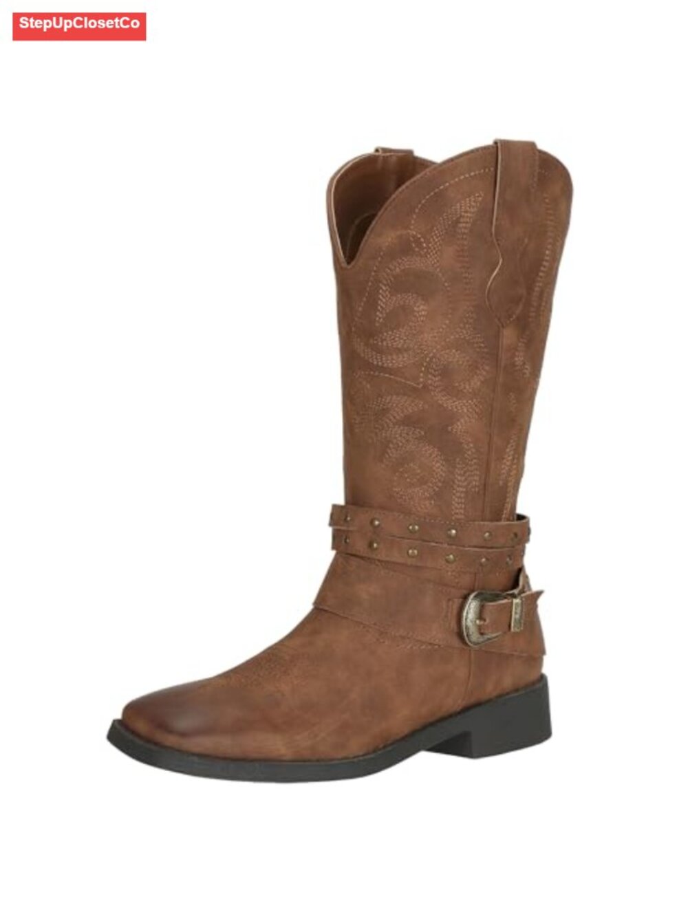 Faux Leather Square Toe Cowboy Boots for Women Mid Calf Pull On with Detachable